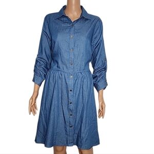 Xtaren Shirt Dress Blue Roll Tab Sleeves Backless Plus Size 1X Denim Light Dress